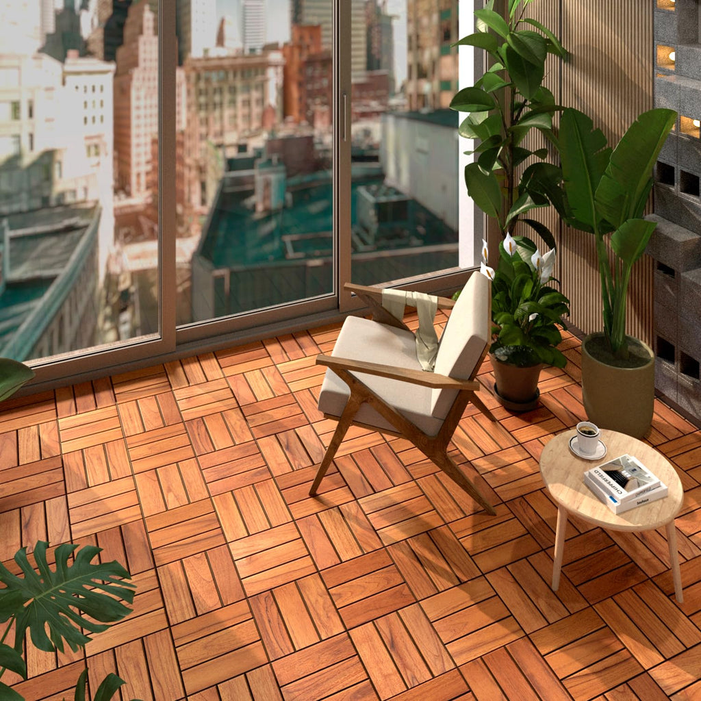Teak Deck Tiles (Pack of 9) Hardwood Interlocking Patio Deck Tiles, Teak Wood Deck Tiles Interlocking Outdoor, Patio