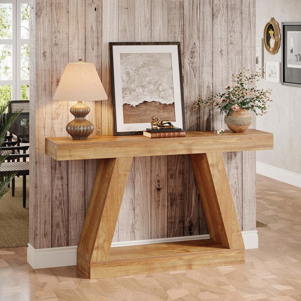 Farmhouse Console Table, 55-Inch Rustic Sofa Table with Storage, Industrial Wooden Entryway Table, Natural Brown