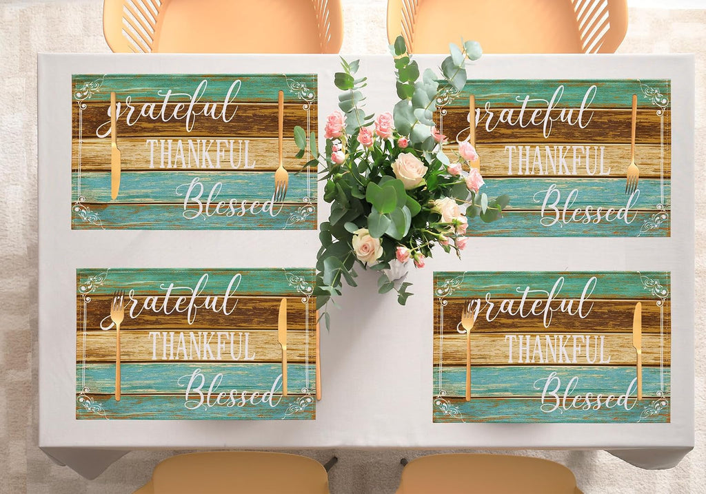 Farmhouse Teal Placemats Thankful Blessed Table Mats - Set of 4