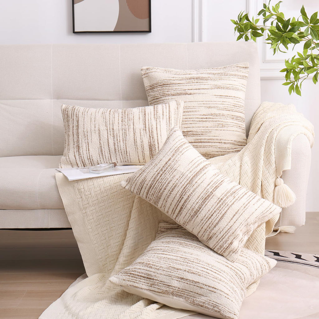 Textured Boucle Pillow Covers 20x20 Brown and Cream Neutral Striped Throw Pillow Covers Modern Farmhouse Decorative