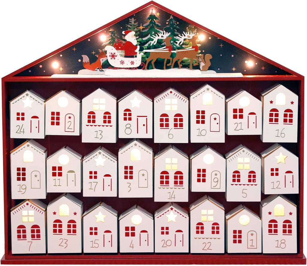 Extra-Large Wooden Advent Calendar 2025 with LED Lights, Christmas Countdown Calendar, House-Shaped Drawers for Kids