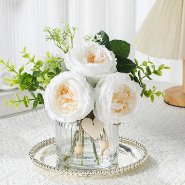 White Austin Roses in Vase with Faux Water, Flower Centerpieces for Tables