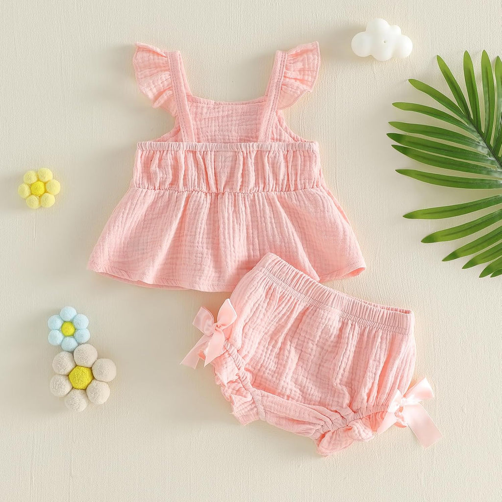 Newborn Girl Clothes Baby Summer Outfit 3D Floral Fly Sleeve Ruffle Tank Tops Matching Cute Bow Shorts Outfits Set
