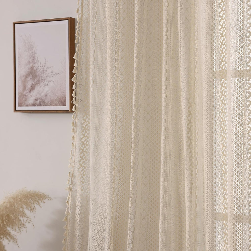 Boho Crochet Curtains for Living Room Lace Curtains 84 Inches Long 2 Panel, Rod Pocket Vintage Tassel Bohemian Decor