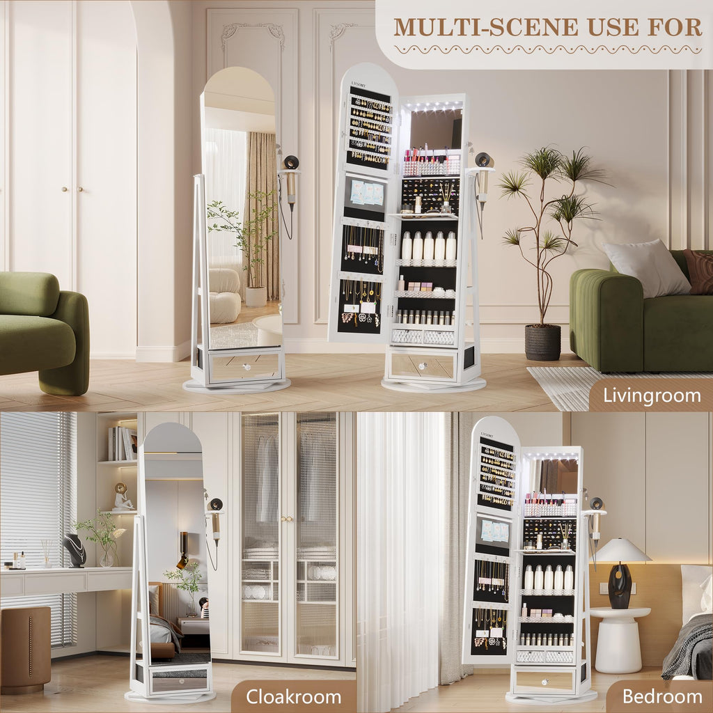 64" H Arched LED Mirror Jewelry Cabinet Standing, White