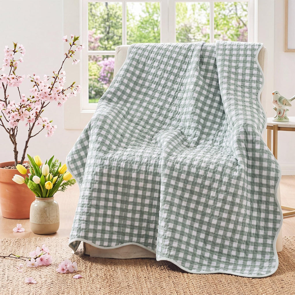 Gingham Quilted Throw Blanket Sage Green Scalloped Blanket