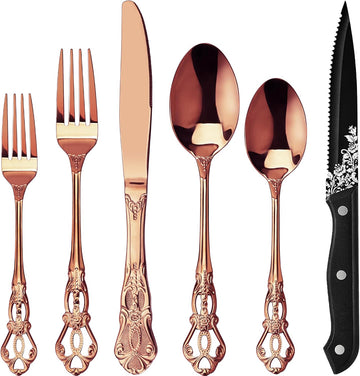 Retro Royal Rose Gold/Copper 48 Pieces Flatware Set, Gorgeous Silverware Set For 8