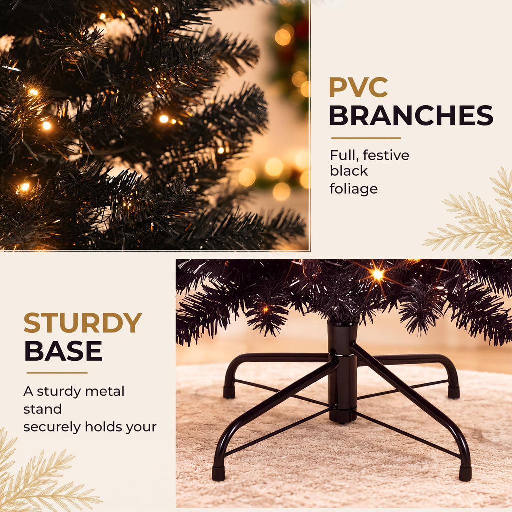 6FT Black Pre-Lit Christmas Tree, 300 Warm White LED Lights