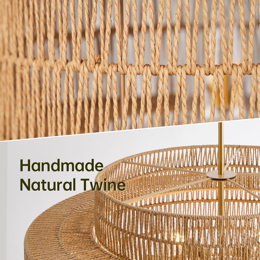 30" Rattan Chandelier, Large Boho Pendant Light