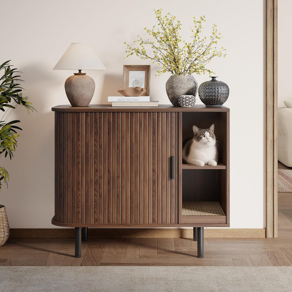 Cat Litter Box Enclosure, Kitty Hidden Litter Box Furniture with Scratch Pad, Modern Indoor Cat House, Sliding Door