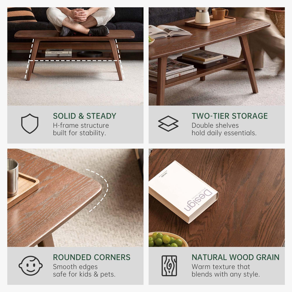 100% Solid Wood Coffee Table, Mid Century Modern Small Tables with Shelf Storage, Storage Coffee Table with Rounded