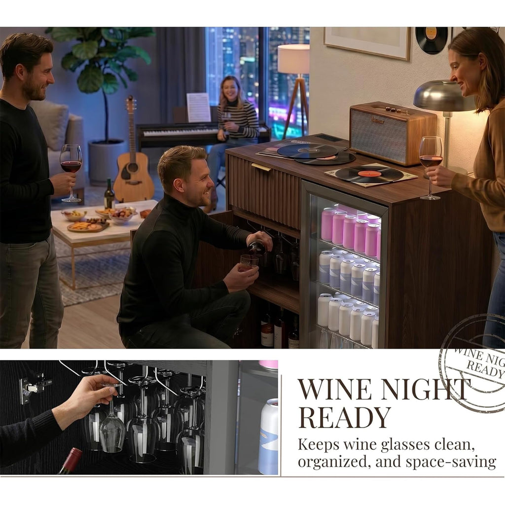 Mini Fridge Cabinet with Power Outlet, Coffee Bar Cabinet with Fridge Space & Wine Glass Rack, Fluted Buffet