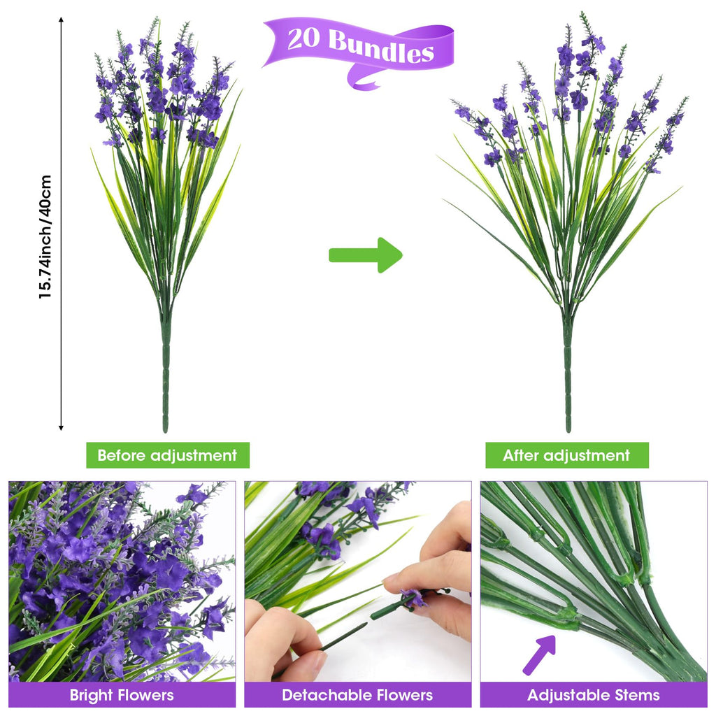 20 Bundles Artificial Lavender Flowers for Outdoors, Deep Purple