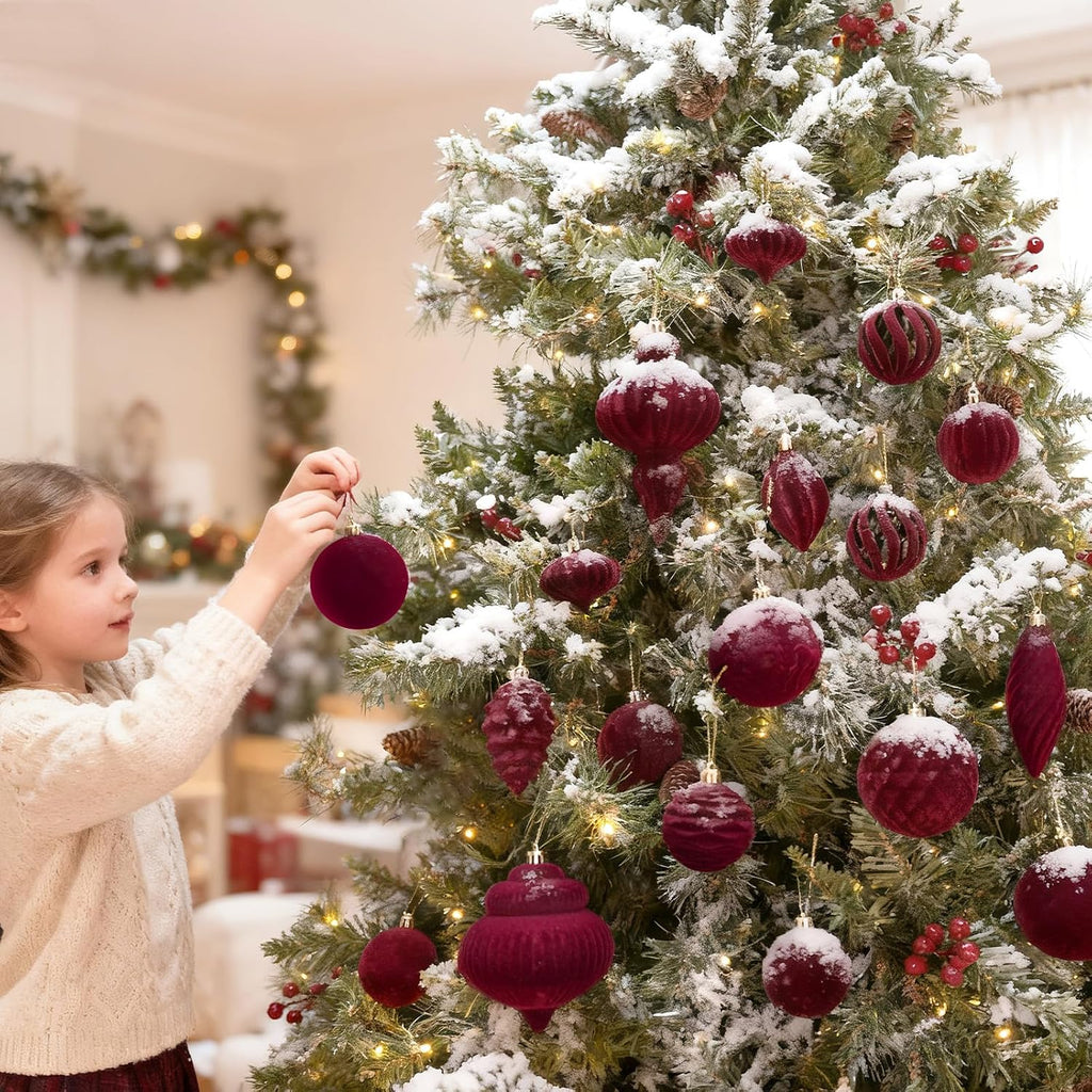 Christmas Hanging Ball Ornaments Set for Tree, Bulk, Flocked - Set of 30