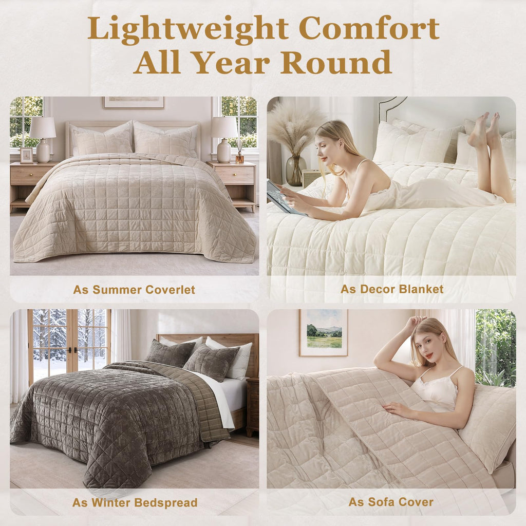 Velvet Quilt Set Oversized King 112"x106", Light Beige