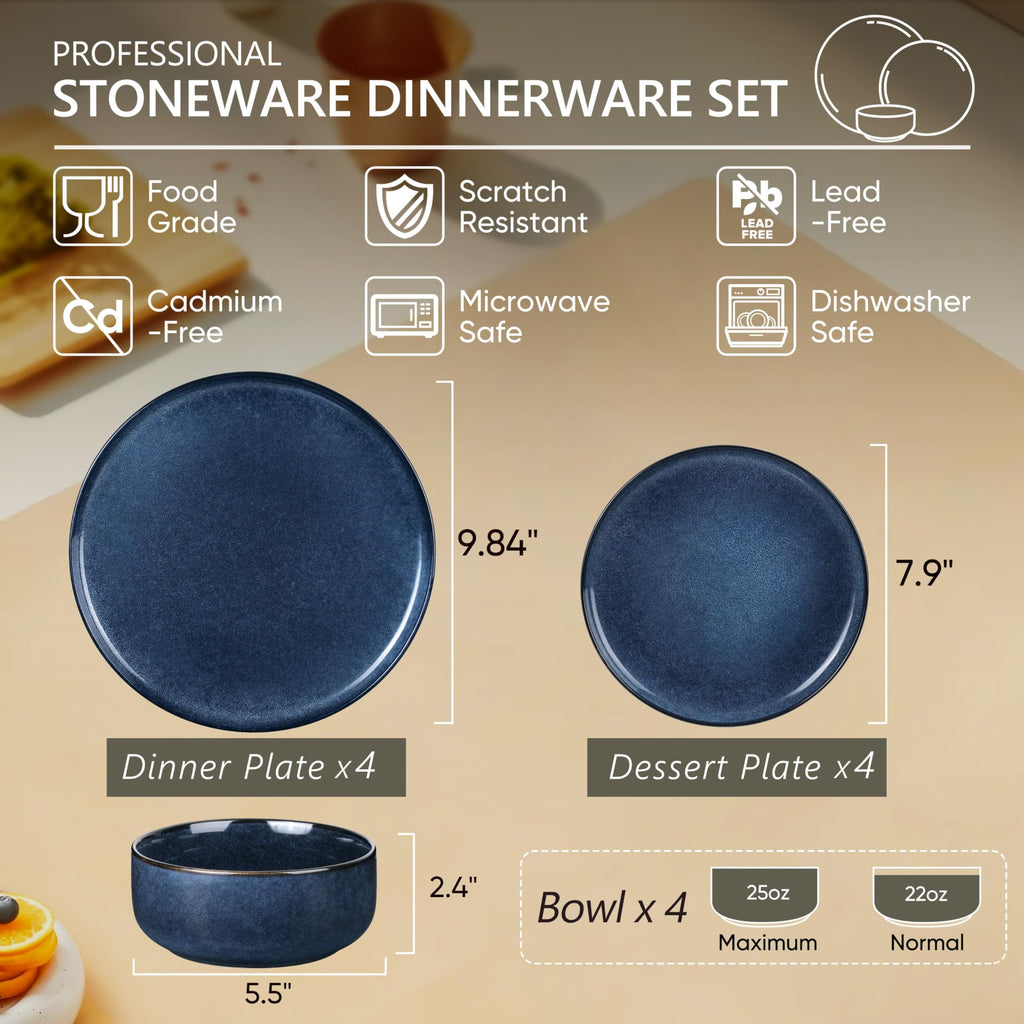 12 Pieces Dinnerware Sets Stoneware Service for 4, Starry Blue