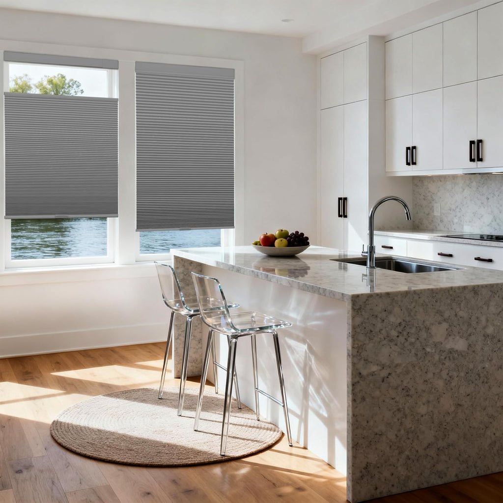 No Drill TDBU Cellular Shades for Windows,Grey, | Top Down Bottom Up Cordless Blackout Honeycomb Blinds, No tools