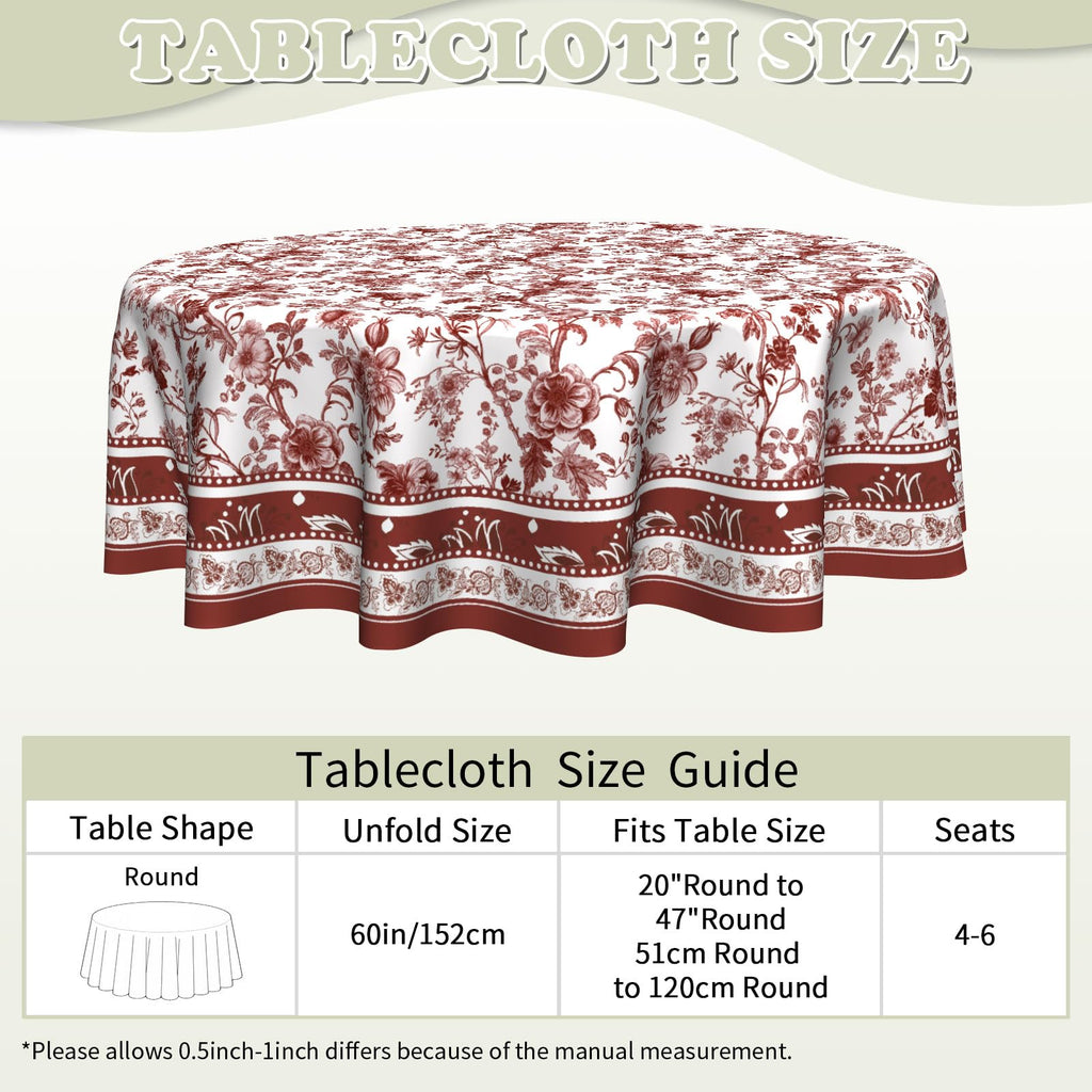 Red Floral Round Tablecloth Vintage Chinoiserie Tablecloth Washable Resistant Wrinkle-Free Wipeable Table Cloth Red