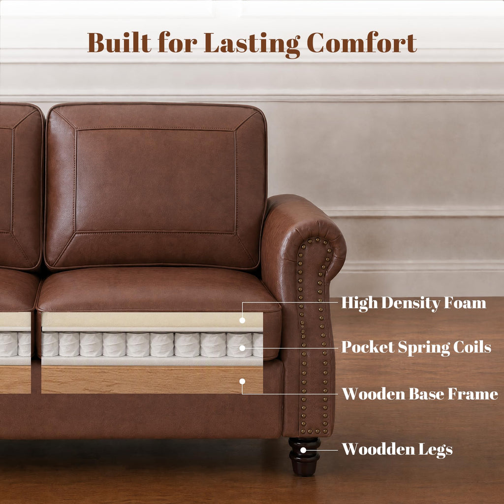 Faux Leather 3 Seater Sofa with Rolled Arms, Rust
