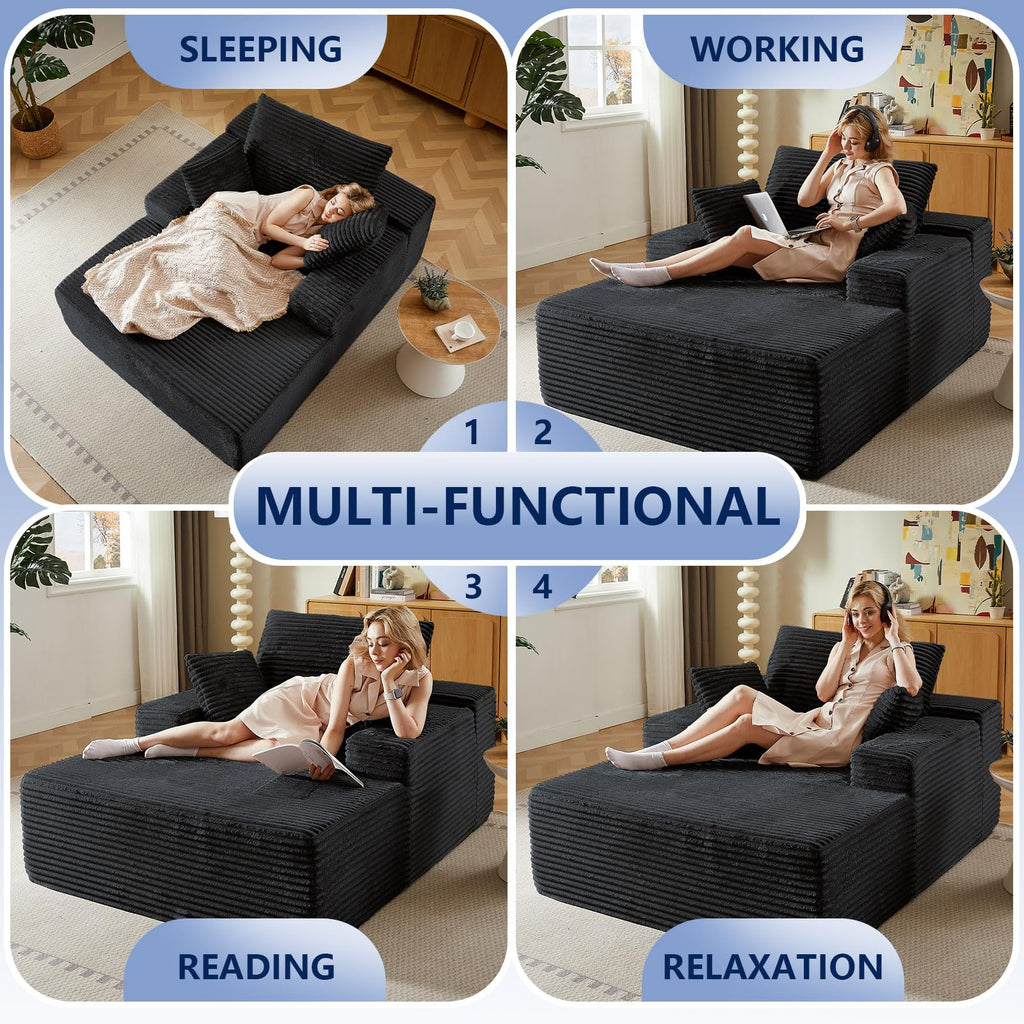 50" W Oversized Chaise Lounge Chair Indoor, Comfy Boneless Reading Chair with 3 Pillows, Luxurious Corduroy Fabric