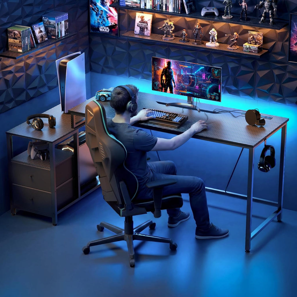 60Inch Gaming Desk Computer Desk Cable Management Carbon Fiber Texture Desk Corner Computer Desk Flip-up Computer