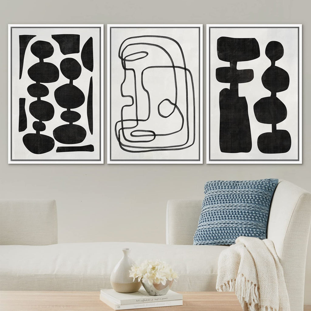 Framed Canvas Print Wall Art Set Retro Mid-Century Boho Duotone Collage Abstract Shapes Illustrations Minimal