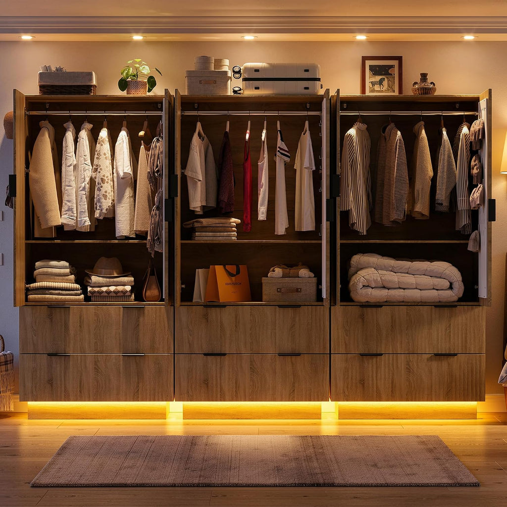 6 Doors Armoire Wardrobe Closet, 94.5"W Armoire with 3 Pegboards | Armoires and Wardrobes with 6 Drawers, 3 Mirrors