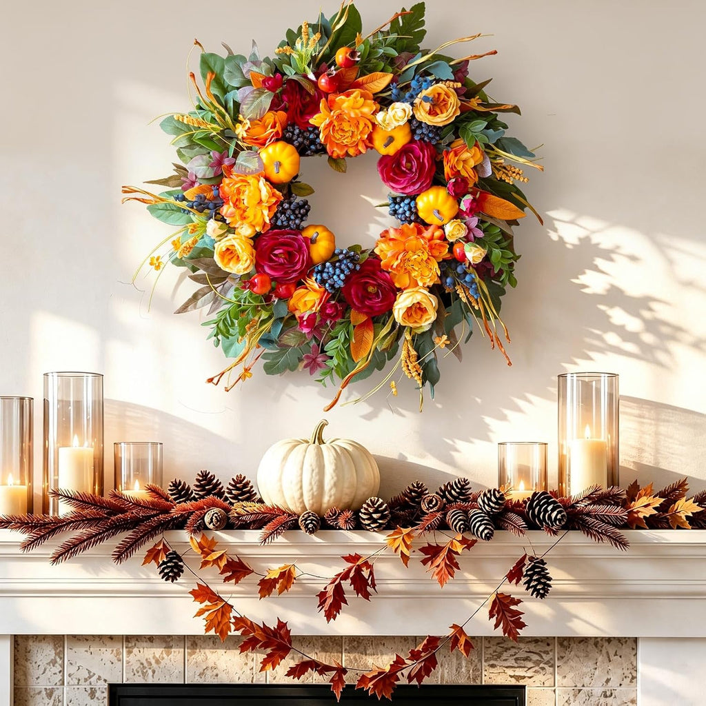 24 Inch Artificial Harvest Fall Wreath for Front Door,Porch & Entryway,Wall
