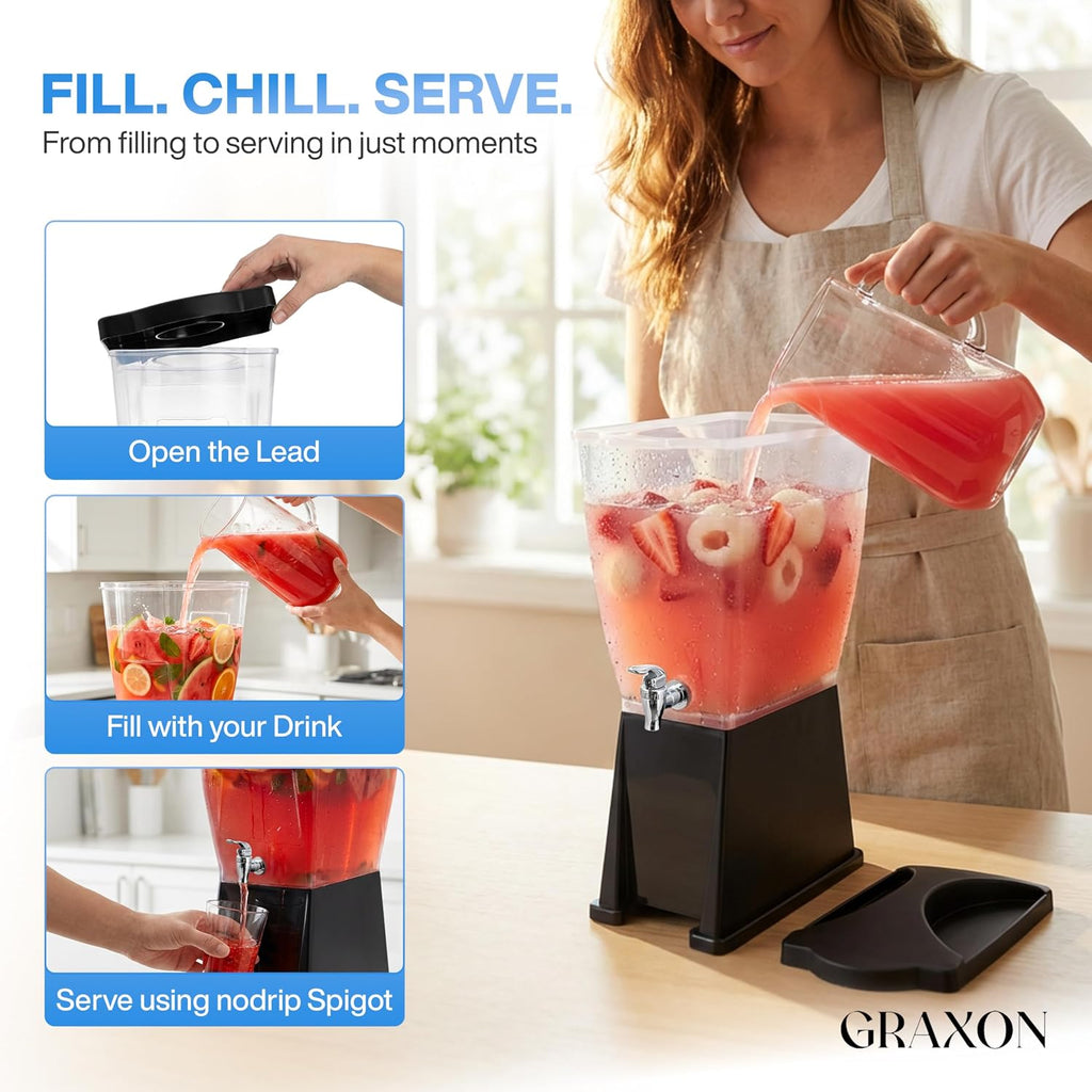 Large Drink Dispenser for Parties (3 Gallon) Slim Plastic Beverage Dispenser with Base for Counter Tops, No Mess