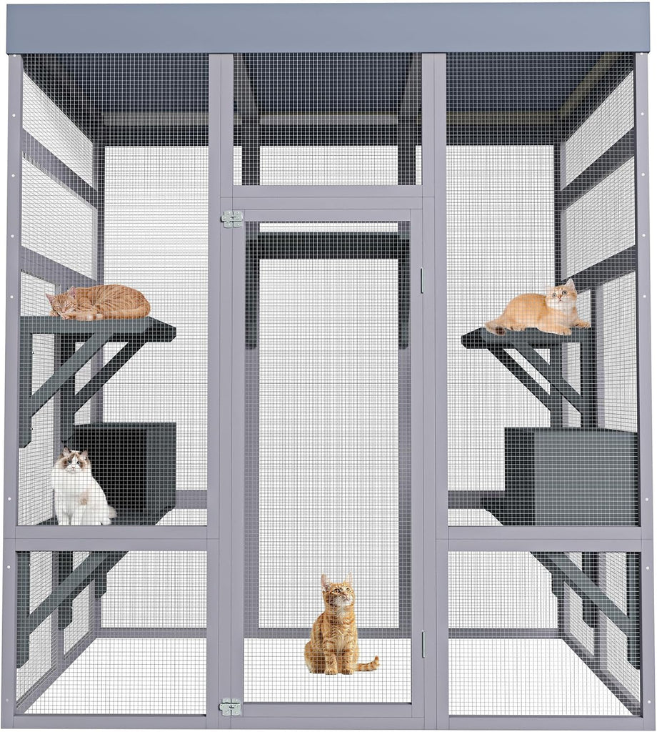62.6in Wooden Outdoor Catio with Waterproof Roof, Platforms & 2 Cat Houses