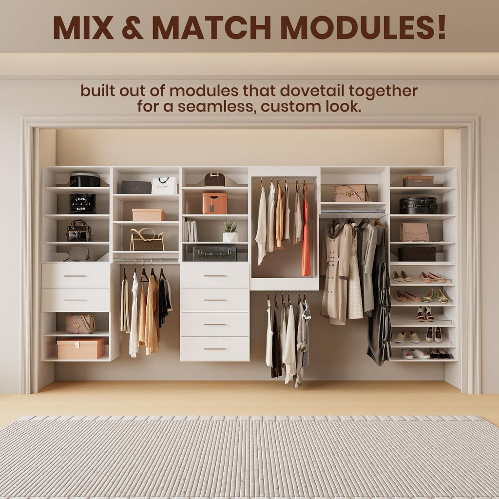 Modular Closet System, 52" Wall-Mounted Closet Organizer with Hanging Rods and Shelves, Wooden Tower for Walk-In