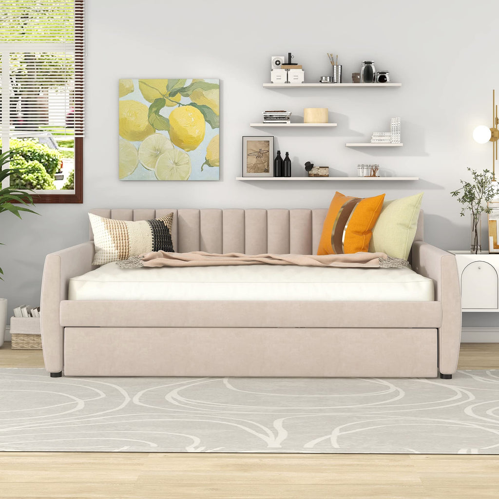 Full Size Daybed with Trundle, Upholstered Day Bed Frame Velvet Sofa Beds with Vertical Channel Tufted Headboard