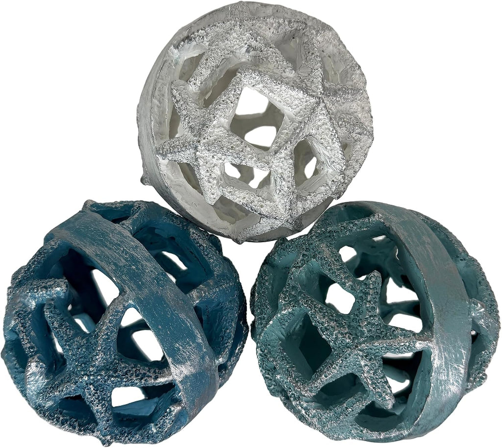 Decorative Orbs Coastal 4 Inch Resin Decorative Balls Set of 3 with Starfish Openwork Design, Blue Aqua Sand and