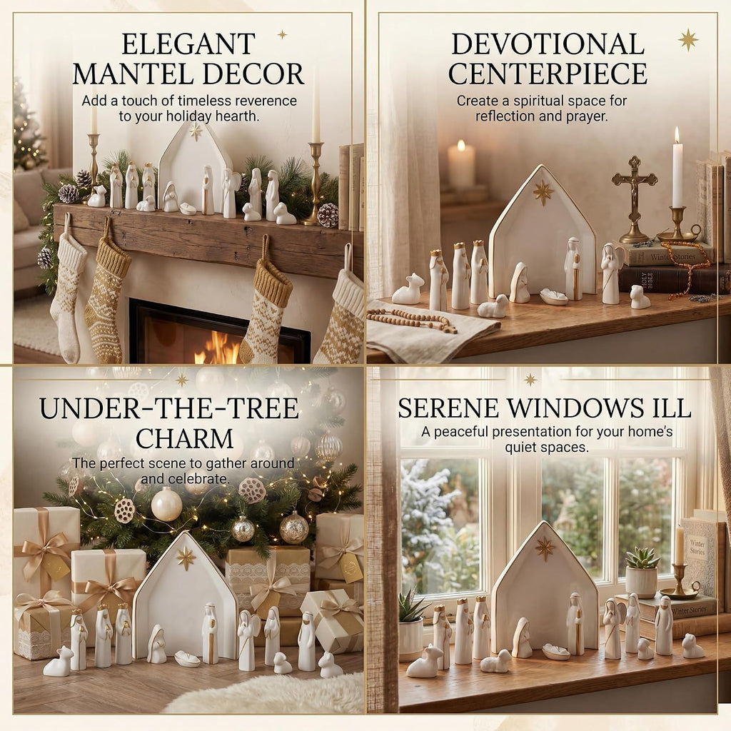 Ceramic 13Pcs Nativity Scene Set with Gold Trim