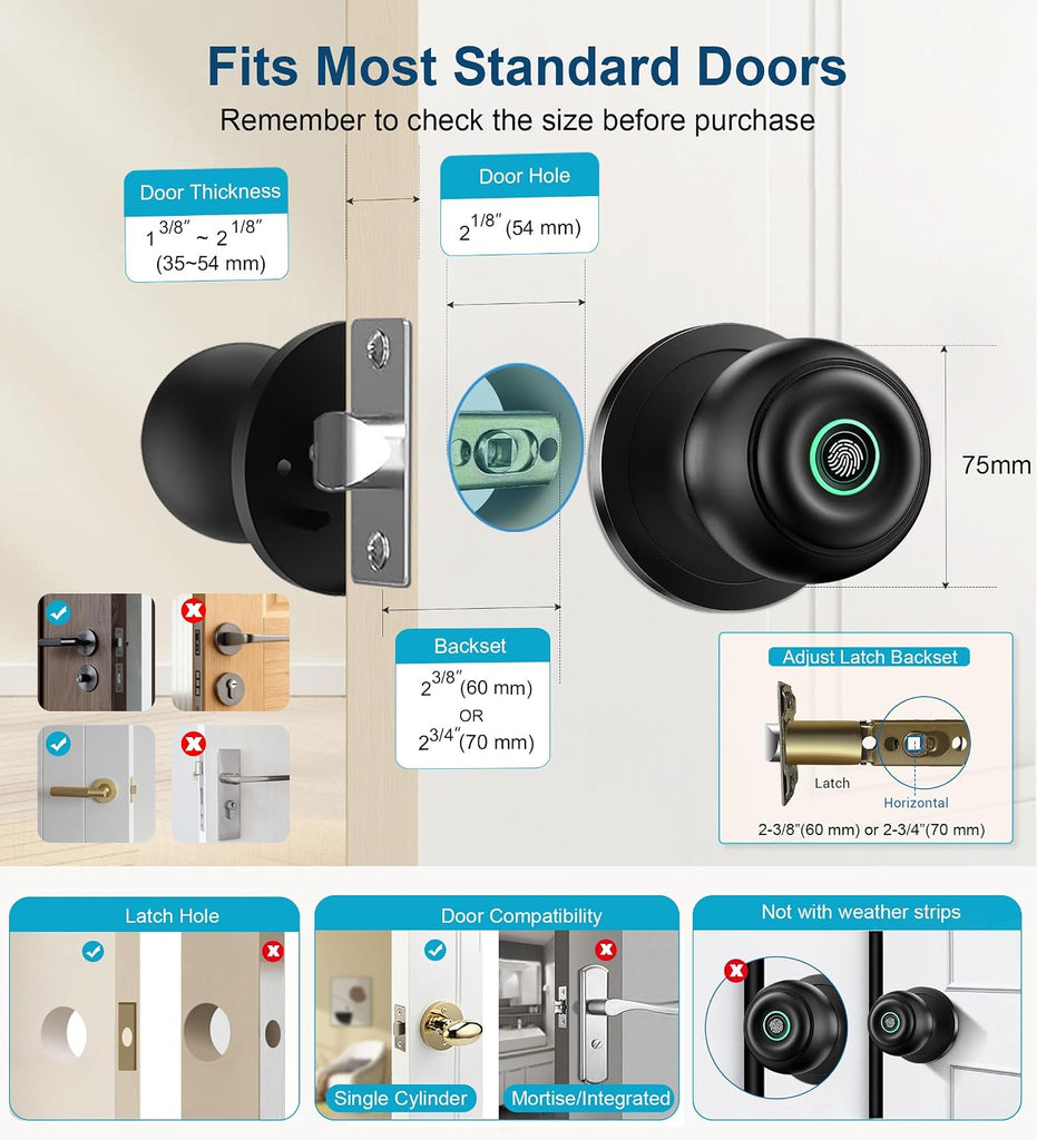 Fingerprint Door Lock, Smart Fingerprint Door Knob with Lock, Matte Black