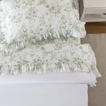 Ruffle Sheet Set - Grandmillennial Floral Bed Sheets, Vintage Botanical Toile Floral Print in Sage Green, Peony