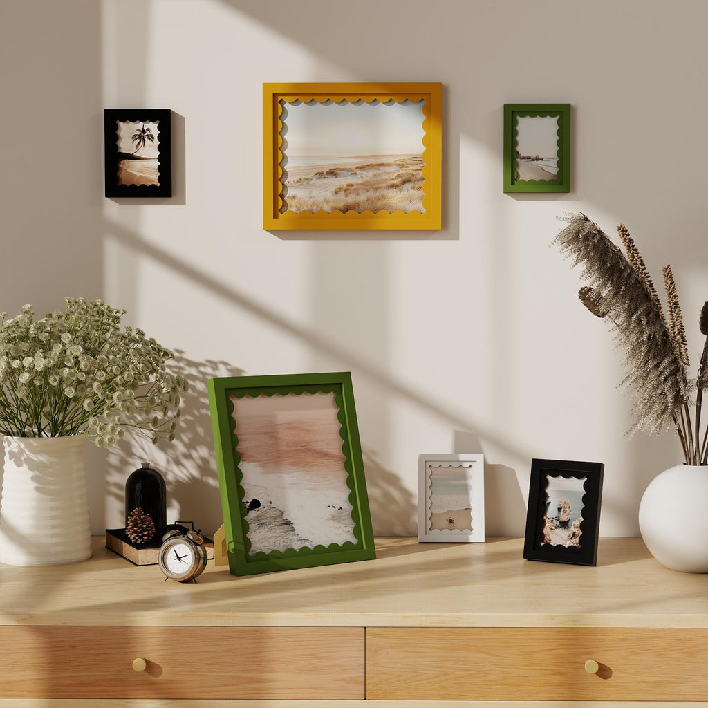 5x7 Picture Frame with Real Glass, Wooden cute 5 x 7 Photo Frame with Wavy Mat for Tabletop and Wall Hanging, Black