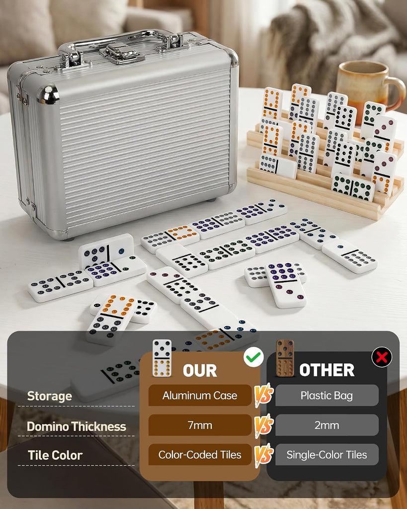 Mexican Train Dominoes Set Double 12-91 Colored Dot Tiles with 4 Wooden Racks, Heavy-Duty Aluminum Case, 9 Trains