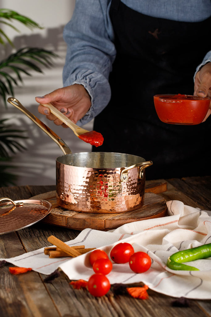 1.2mm Thick Hammered Uncoated Copper Saucepan with Lid & Helper Handle, Food-Safe Tin Lined (1.7-Quart)