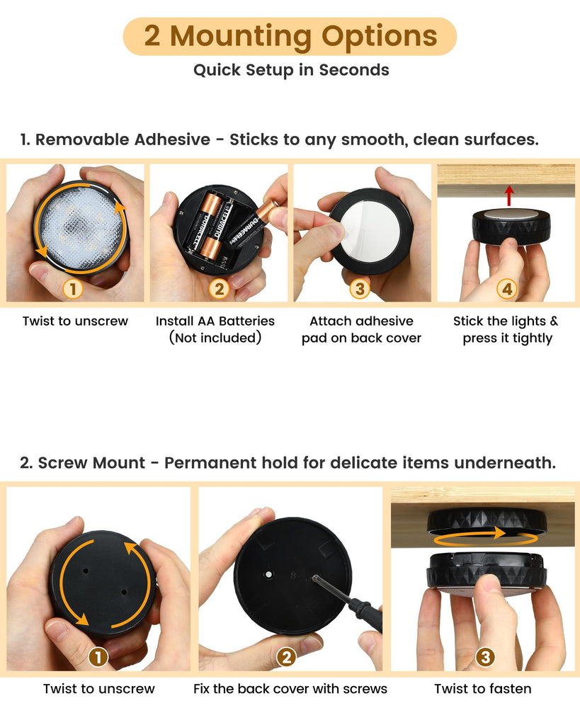 Puck Lights with Remote, 3 White Tones & 13 Colors, Black-6 Pack