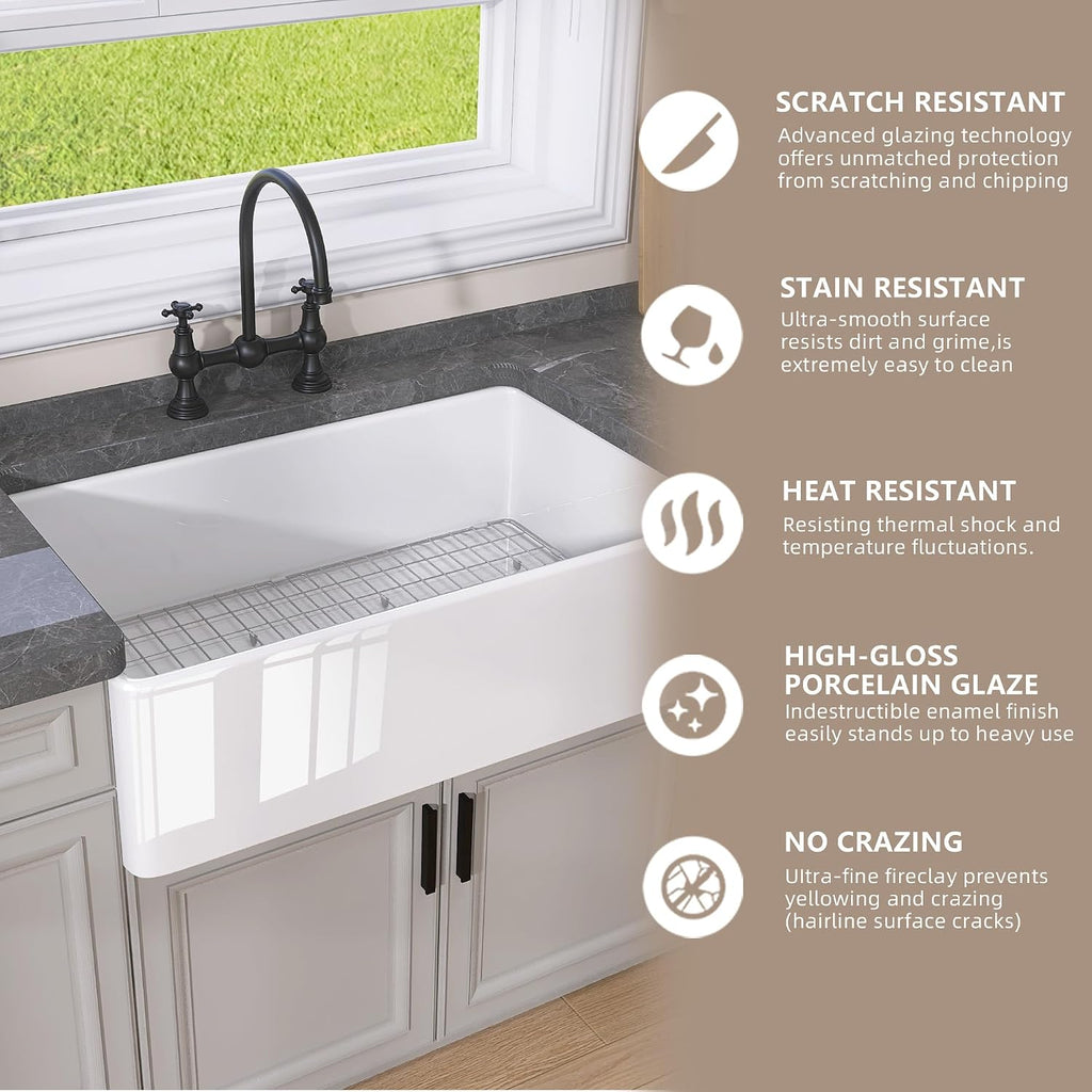 White Farmhouse Kitchen Sink 30 inch Fireclay Apron Front Farm Sink Undermount Single Bowl Reversible Farmer House