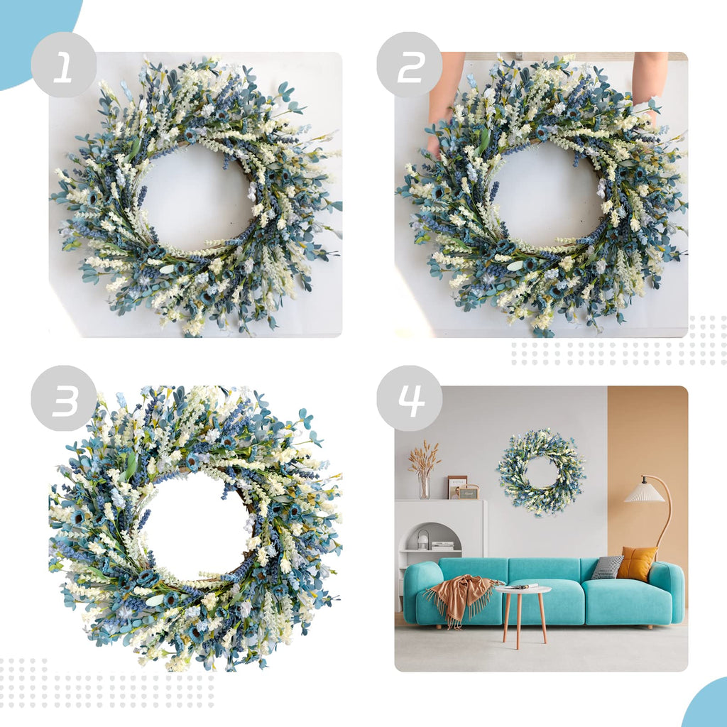 26 Inch Summer Spring Blue Ivory Lavender Flower Wreath for Front Door, Rustic and Farmhouse Wild Flowers Wreath for
