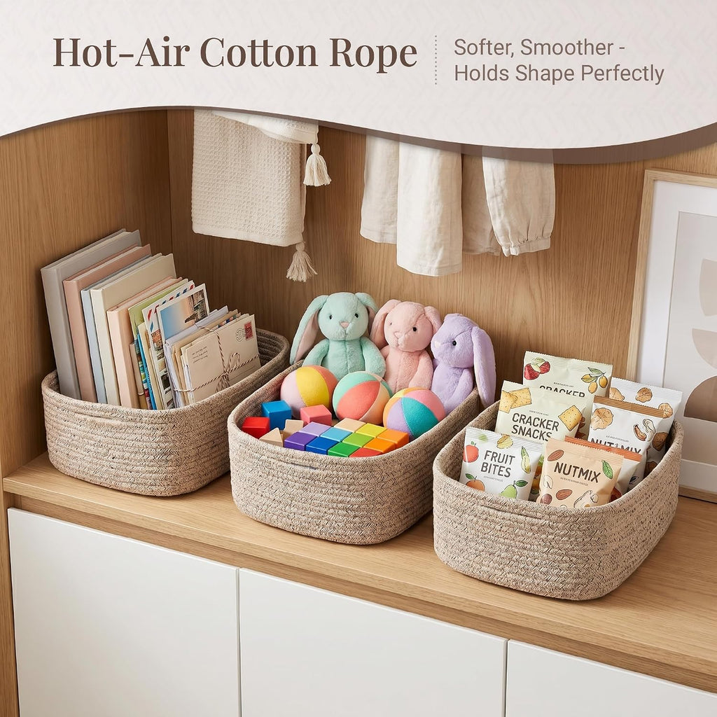 5-Pack Large Woven Rope Storage Baskets, 2 Sizes Organizer Bins | Fabric Cube Boxes and Rectangular Shallow Bins for