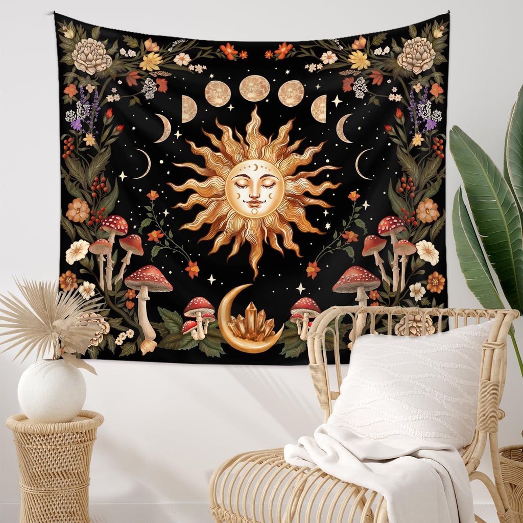 Burning Sun Wall Tapestry Moon Phase Tapestry Wall Hanging Witchy Room Decor Botanical Flowers Tapestries Aesthetic
