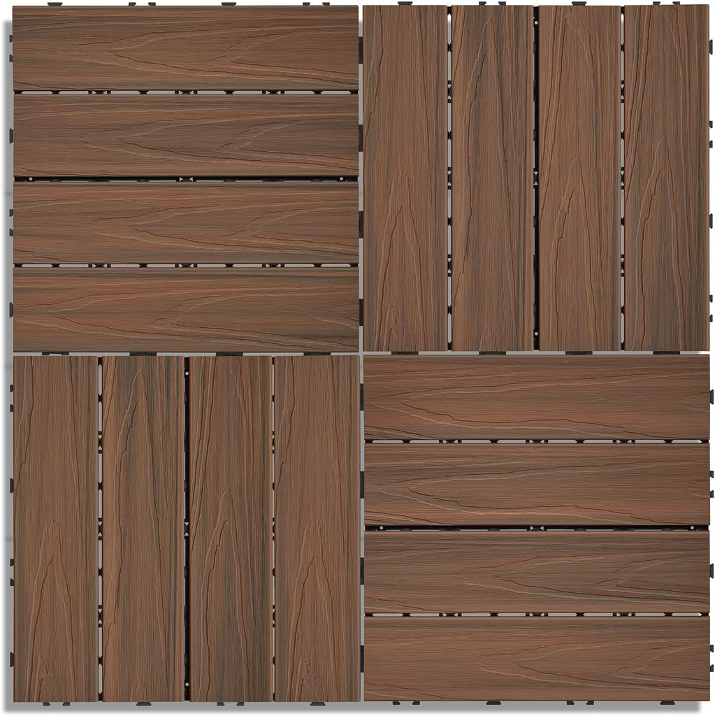 Interlocking Deck Tiles 9 PCS, 12" x 12" All-Weather Plastic-Wood Outdoor Patio Flooring Tiles for Indoor, Balcony