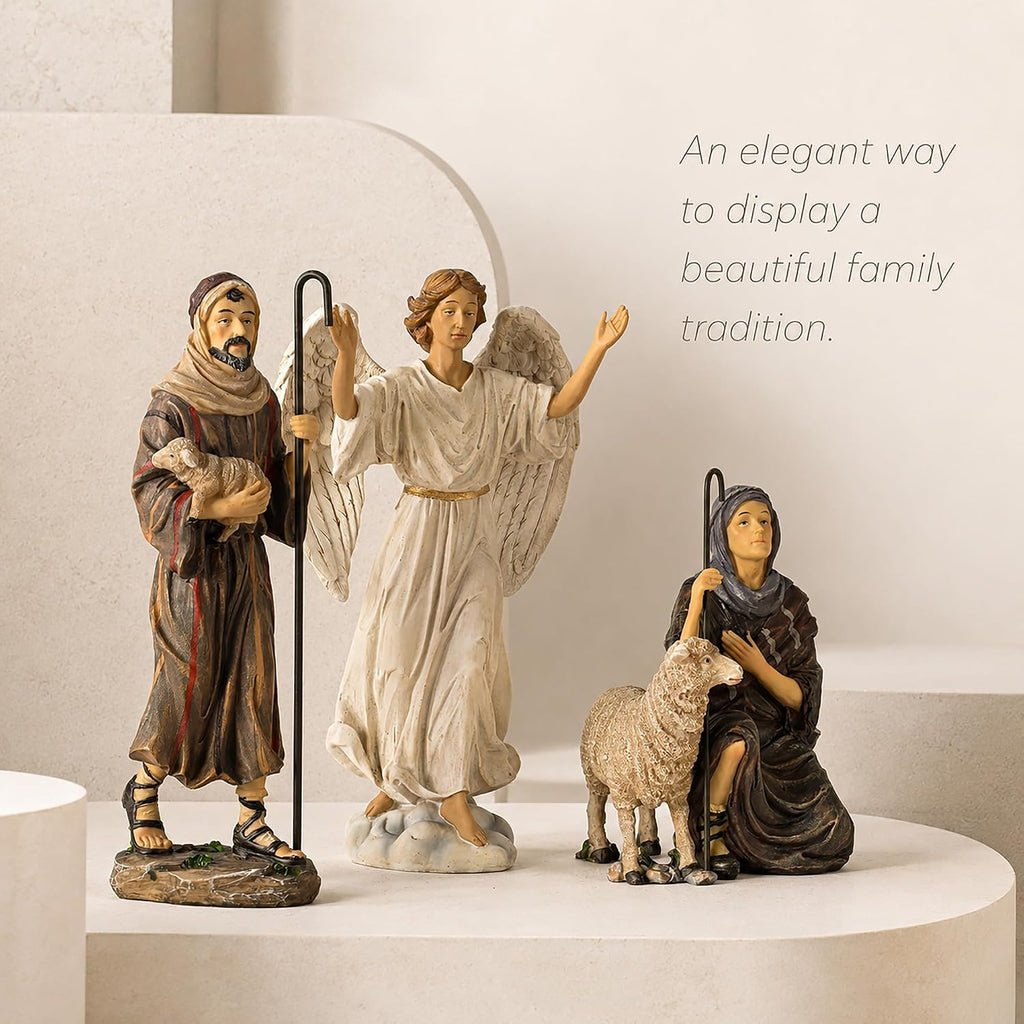 Kings Gifts Shepherds and Angel Nativity Add-On Set, 3-Piece Polystone Christmas Figures with Sheep Lamb, Flat Bottom
