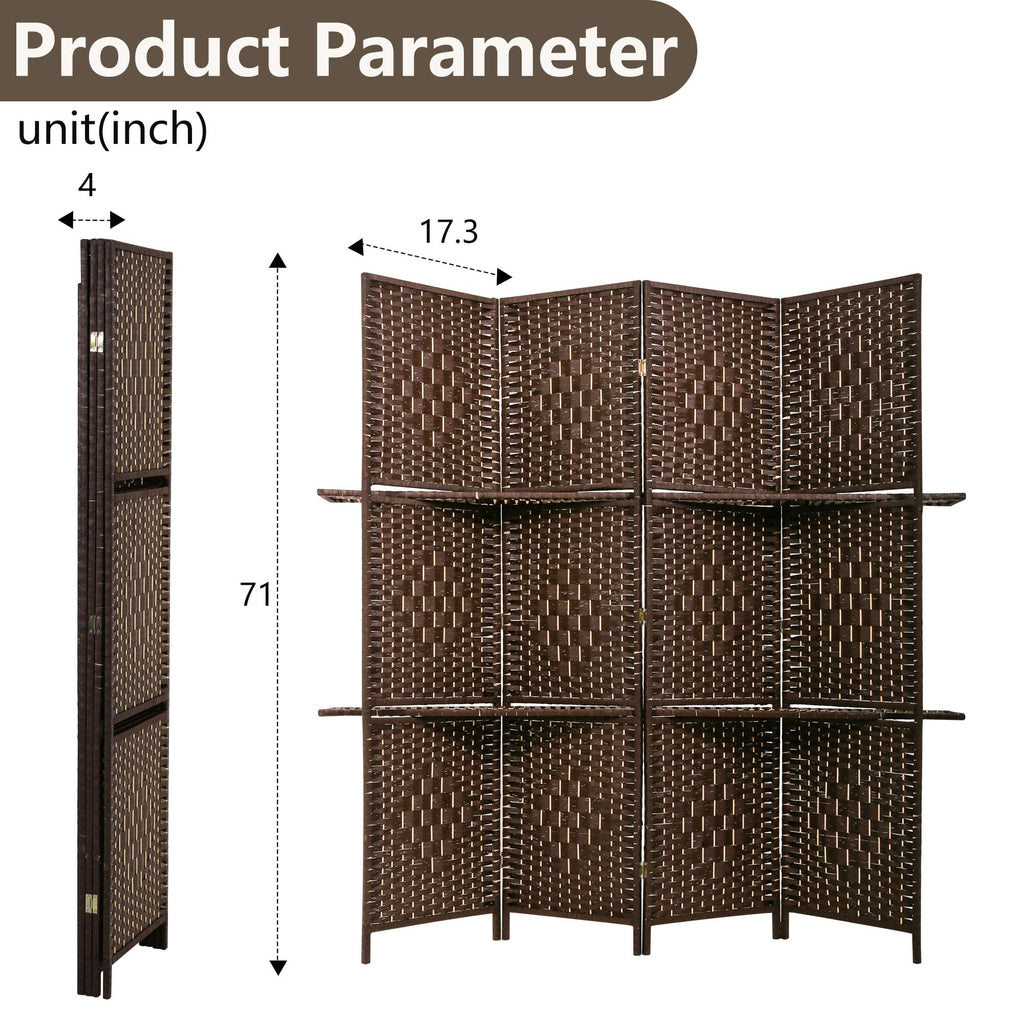 4 Panel Folding Room Divider with Shelves | 5.9ft, Dark Brown
