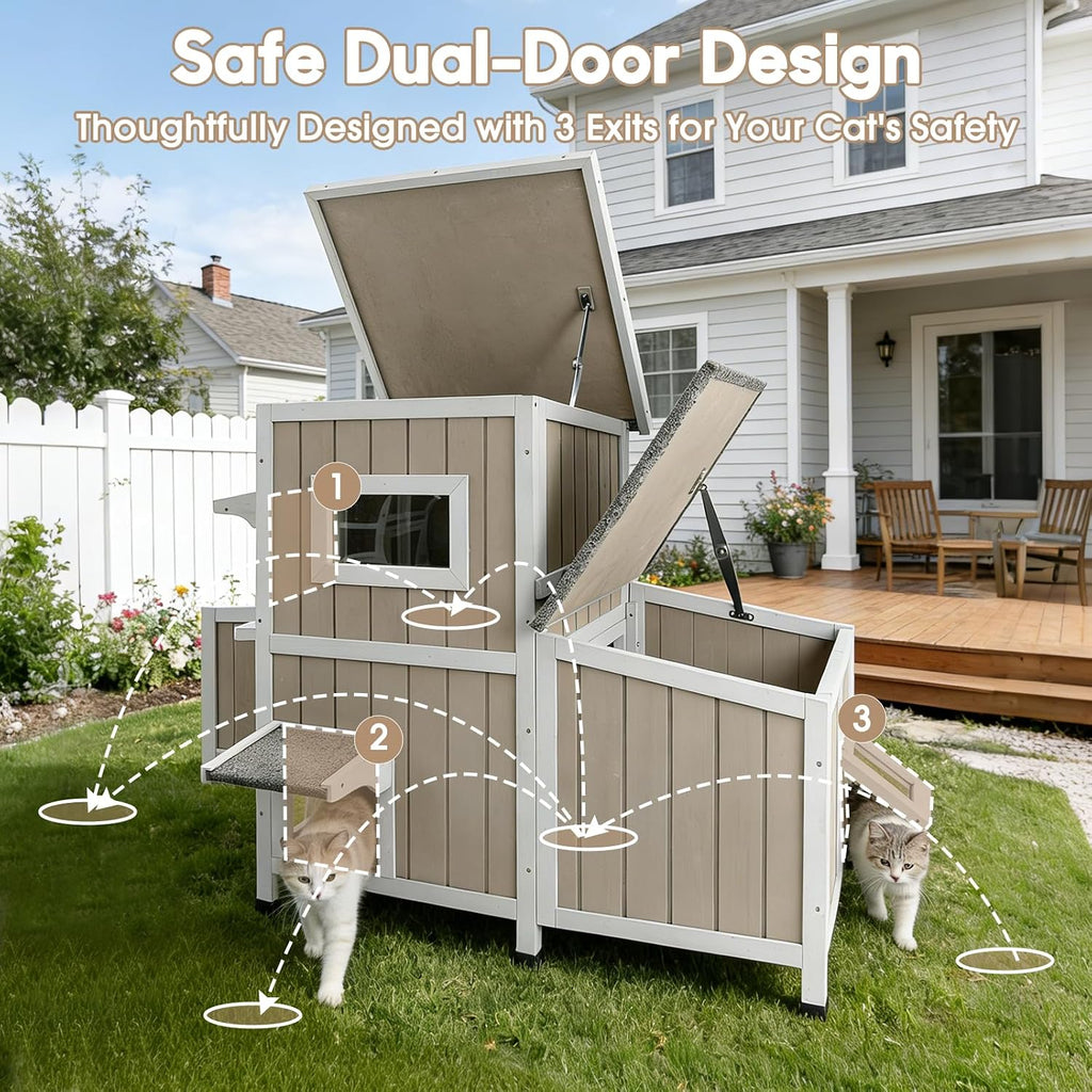 Outdoor Cat House for 2-3 Cats, 2-Story Weatherproof Wooden Cat Shelter with Feeding Station, Openable Asphalt Roof