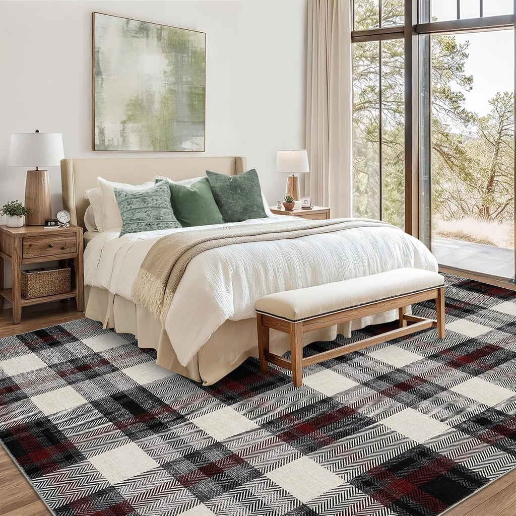 Washable Area Rug Modern Bedroom Rustic Large Plaid Area Rug Checkered Non Slip Throw Rugs Stain Resistant