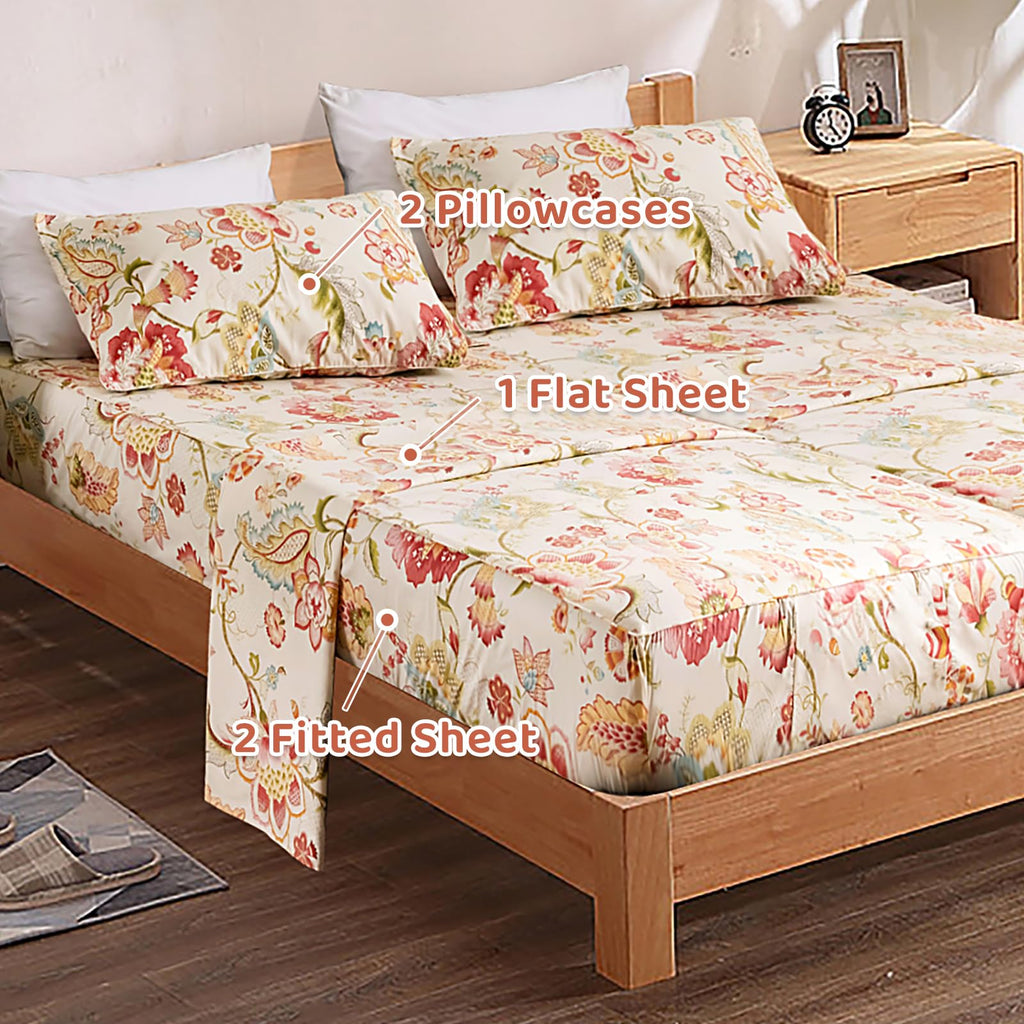 100% Egyptian Cotton Floral Sheets for Split King Size Bed, Red Yellow Flowers Plant Pattern Botanical Printed